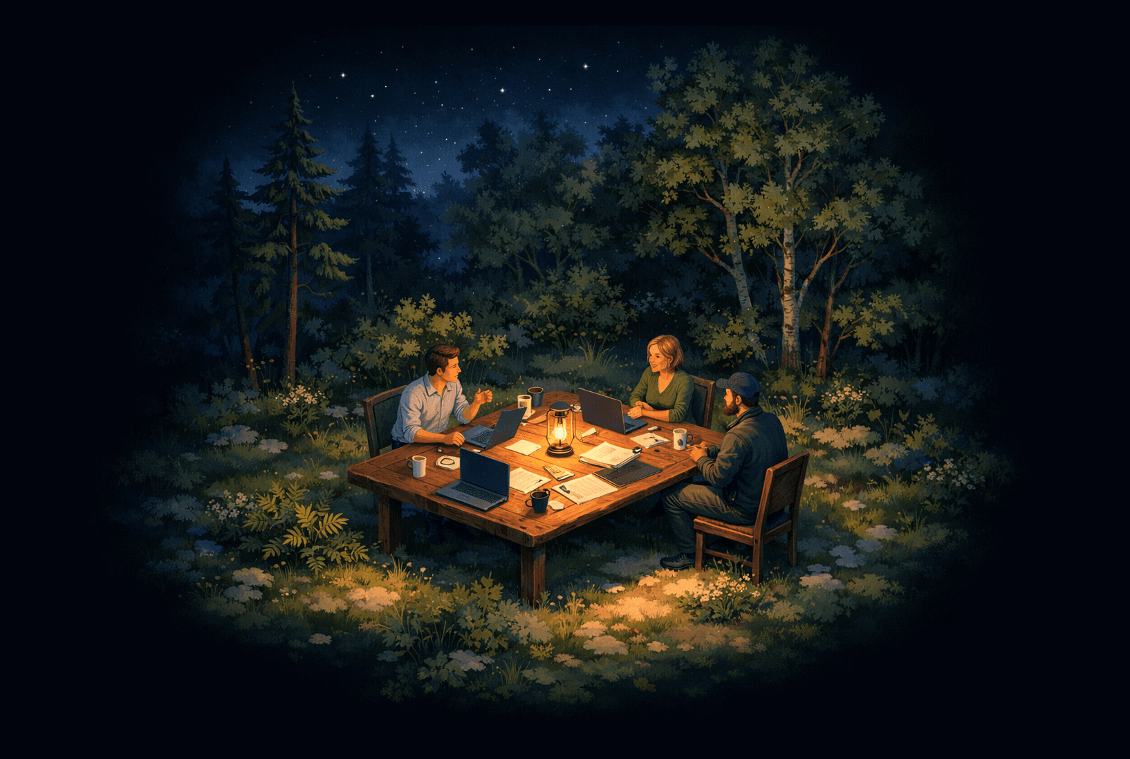 People in a meeting in a forest setting at night