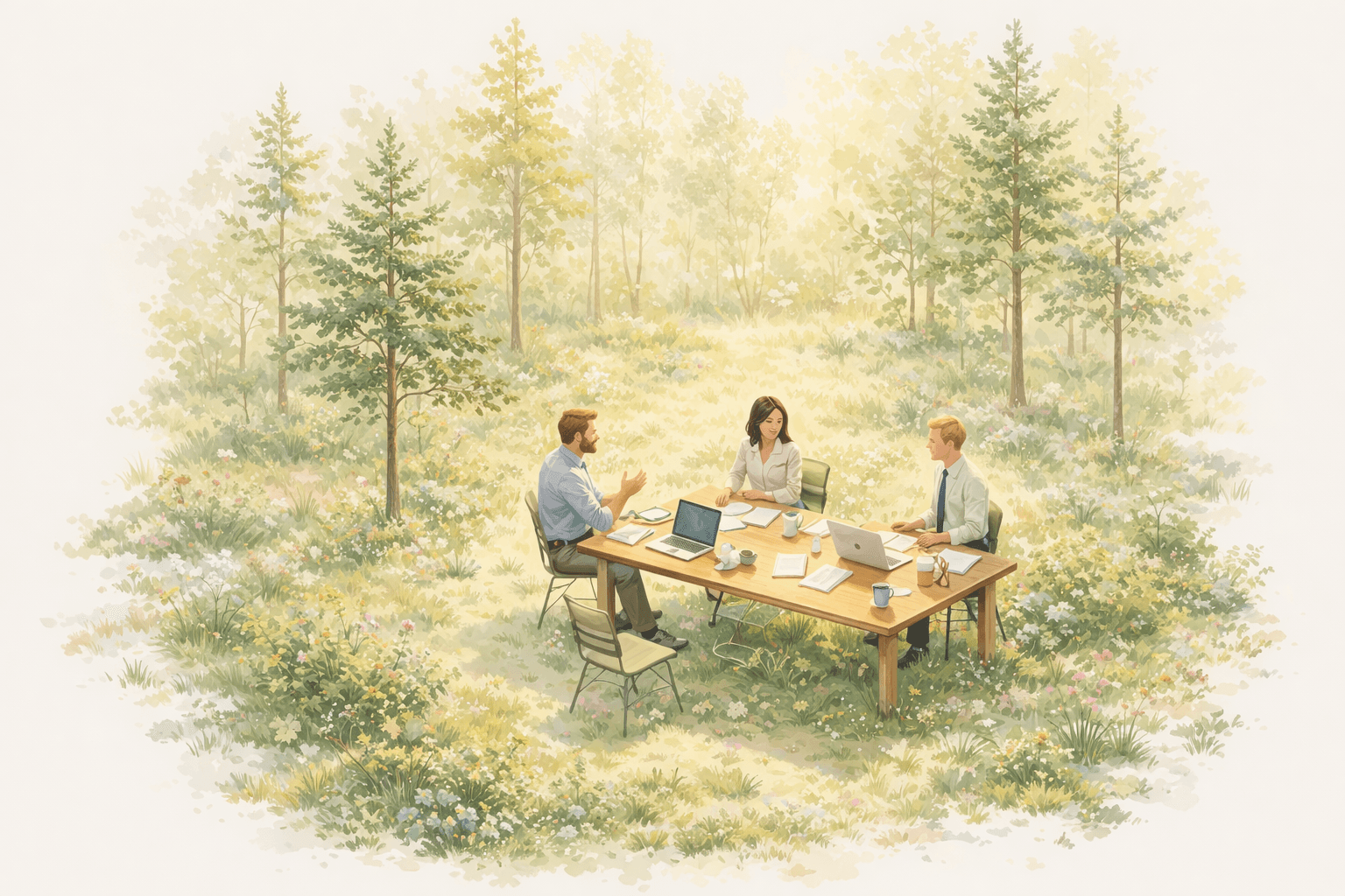 People in a meeting in a forest setting